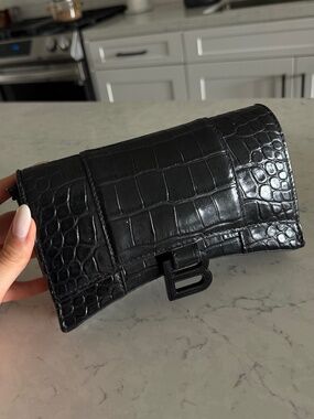 BALENCIAGA Crocodile Embossed Hourglass Chain Cross Body Bag Black